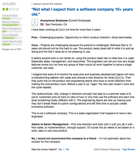 Screenshot of company reviews